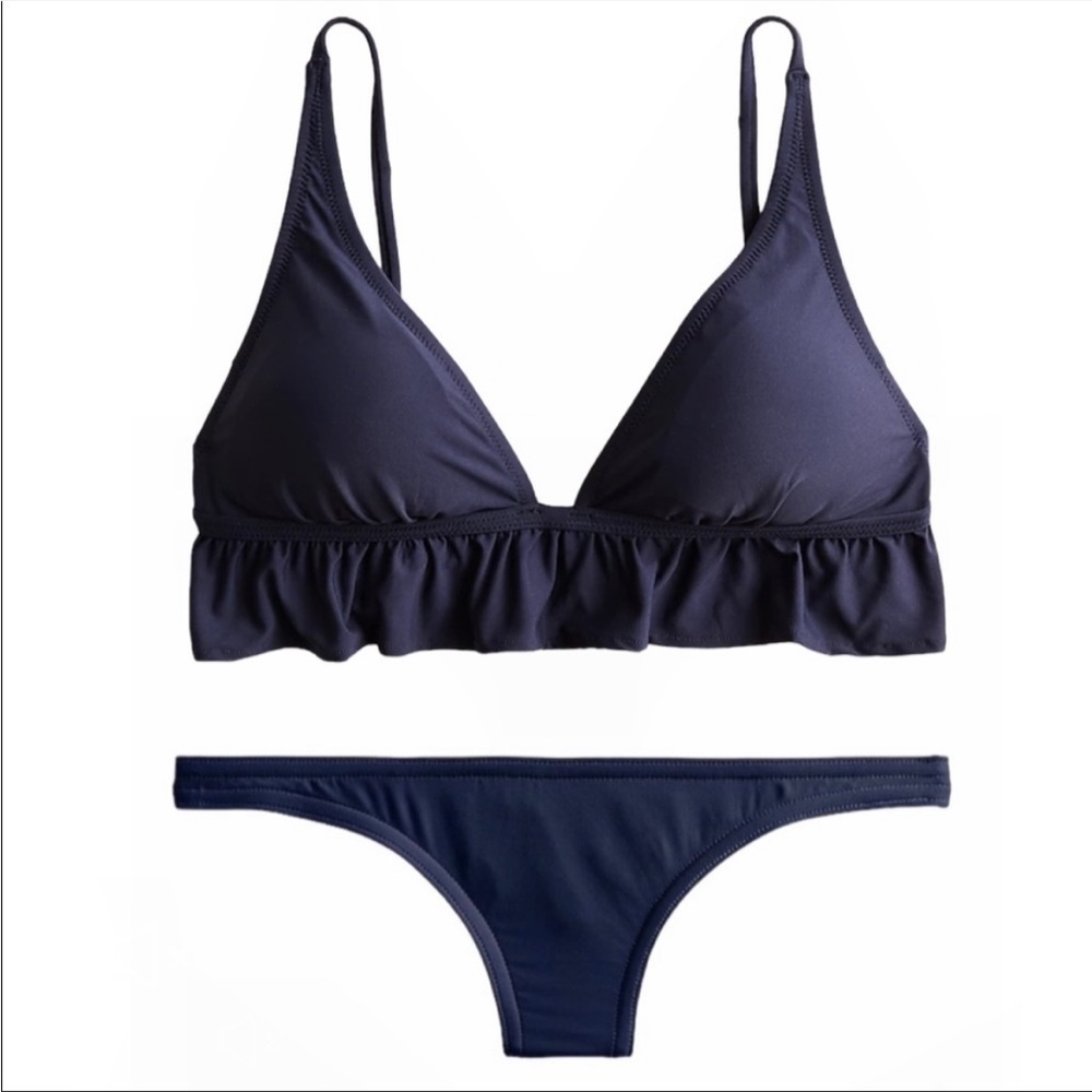 J. Crew Bikini Ruffle French Ruched Lowrider Bikini Navy Size XL NWT